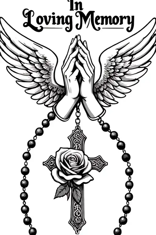 "In Loving Memory" Praying Hands, Rosary beads intertwined with cross, Wings, Realism, Rose tattoo design idea