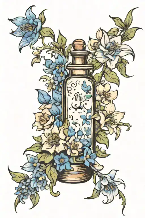 Delphinium flower potion bottle moon stars surrounding tattoo design idea