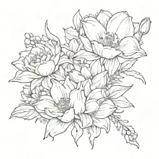bouquet with one daffodil, one rose, one water lily, one poppy, one chrysanthemum, and one narcissus  tattoo design idea