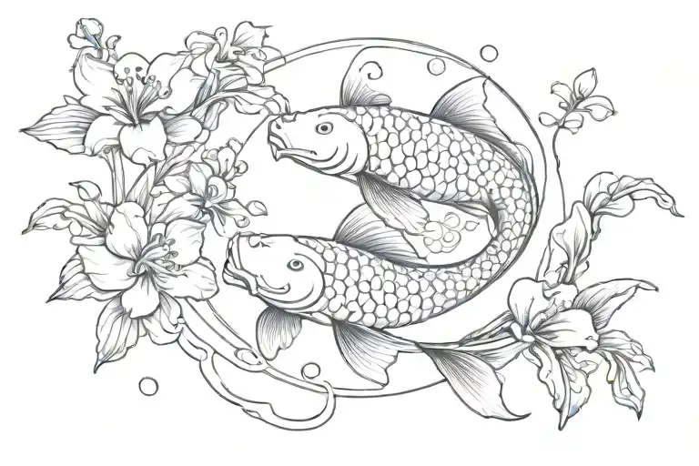 koi fish swimming yin yang with orchid flowers surrounding them tattoo design idea