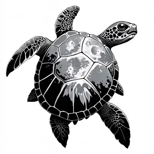 sea turtle moon black and white tattoo design idea