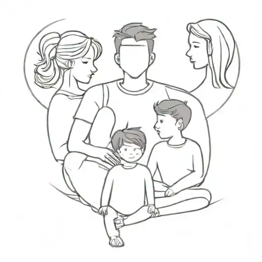 Create a tattoo design depicting a family sitting from left to right: two sons, a father, a mother, a son, and a daughte tattoo design idea