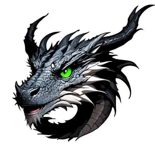 black and grey wyven dragon with bright green eyes  tattoo design idea