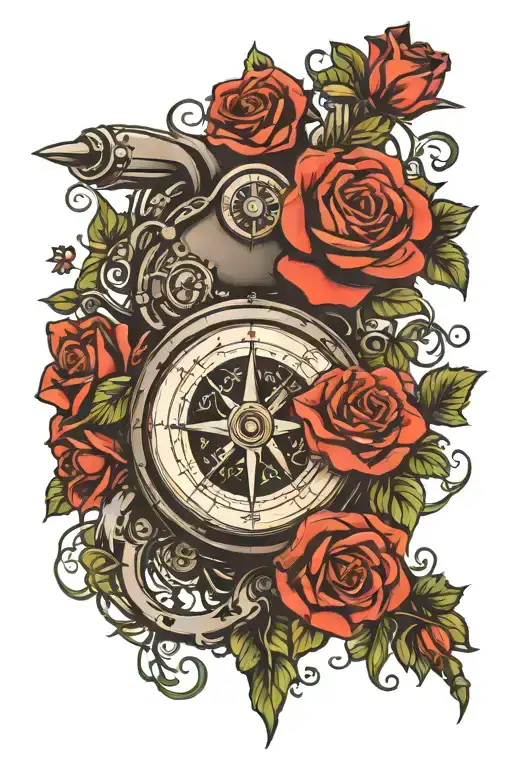 tank with compass and crossed swords surrounded by roses and vines tattoo design idea