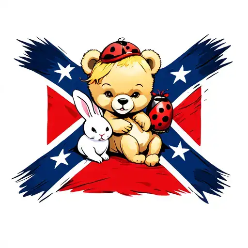 baby blonde bear playing with 1 ladybug and 1 white bunny sitting on a confederate flag tattoo design idea