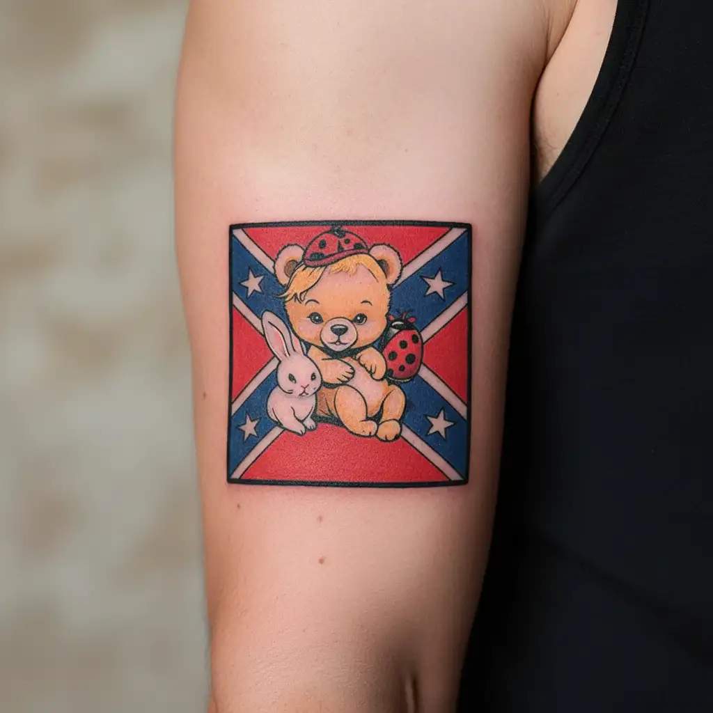 baby blonde bear playing with 1 ladybug and 1 white bunny sitting on a confederate flag tattoo design idea