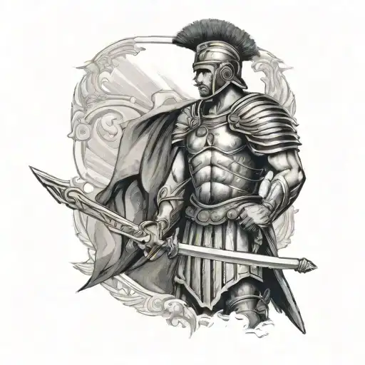 A standing Roman soldier holding a sword in his left hand and a shield in his right hand tattoo design idea