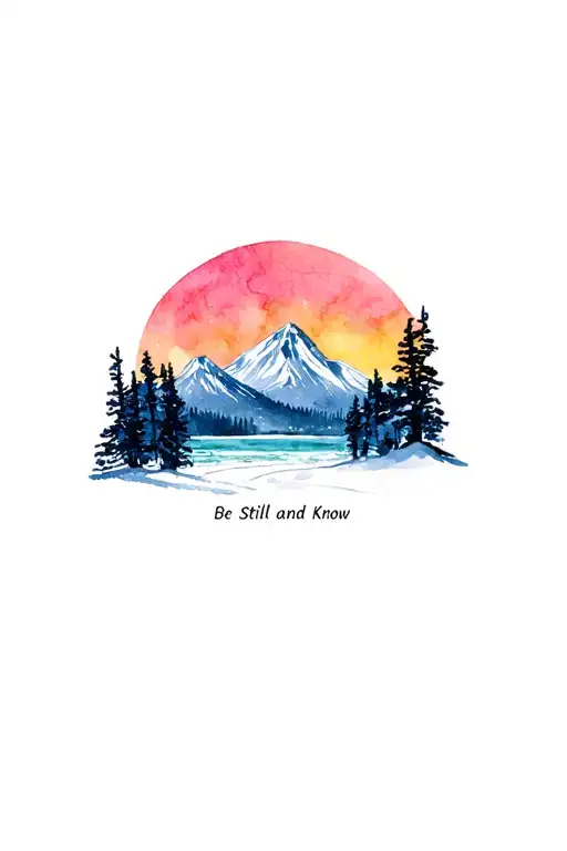 PNW sunset beach with snow mountains and trees and words "Be Still and Know" tattoo design idea