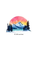 PNW sunset beach with snow mountains and trees and words "Be Still and Know" tattoo design idea