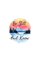 PNW sunset beach with snow mountains and trees and words "Be Still and Know" tattoo design idea