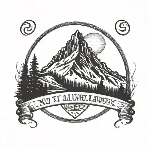 mountain peak encircled by  a round door with the words "not all who wander are lost" tattoo design idea