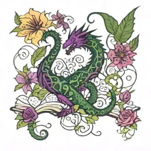 dragon hoarding open books words scrolling in the air with vines and flowers in dark greens and purples tattoo design idea