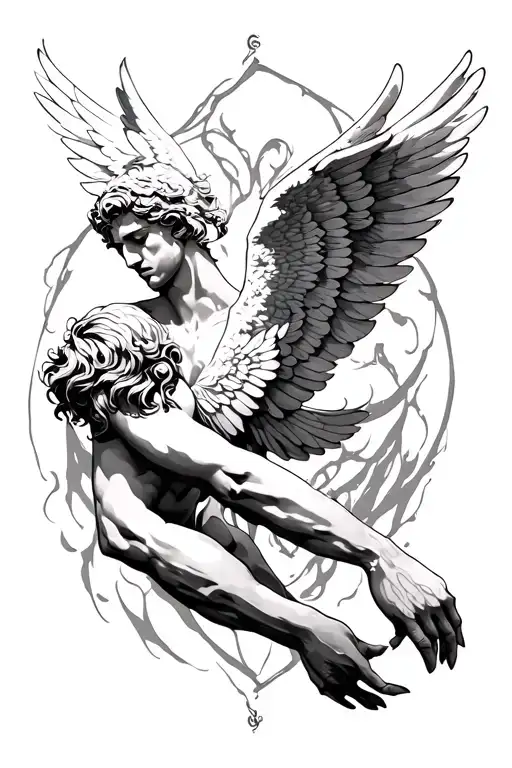 icarus falling wings wrapping around arm tattoo design idea