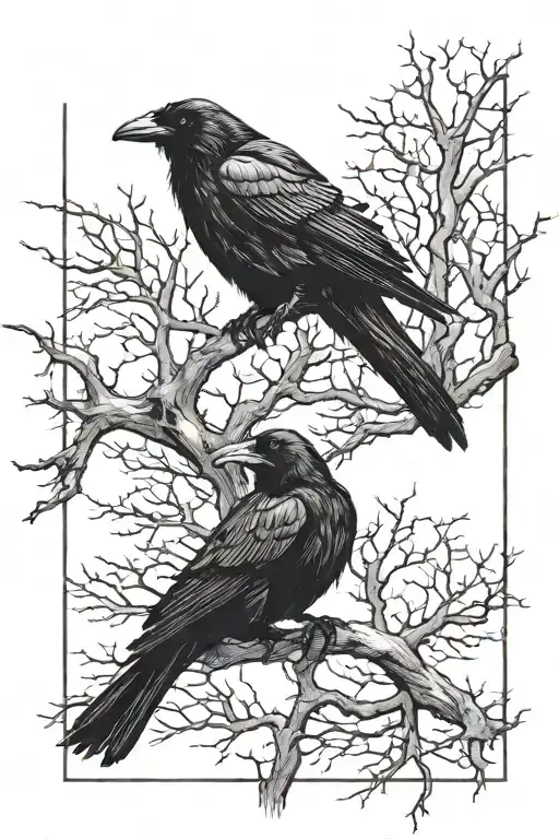 Skeletal raven perched in a dead tree tattoo design idea