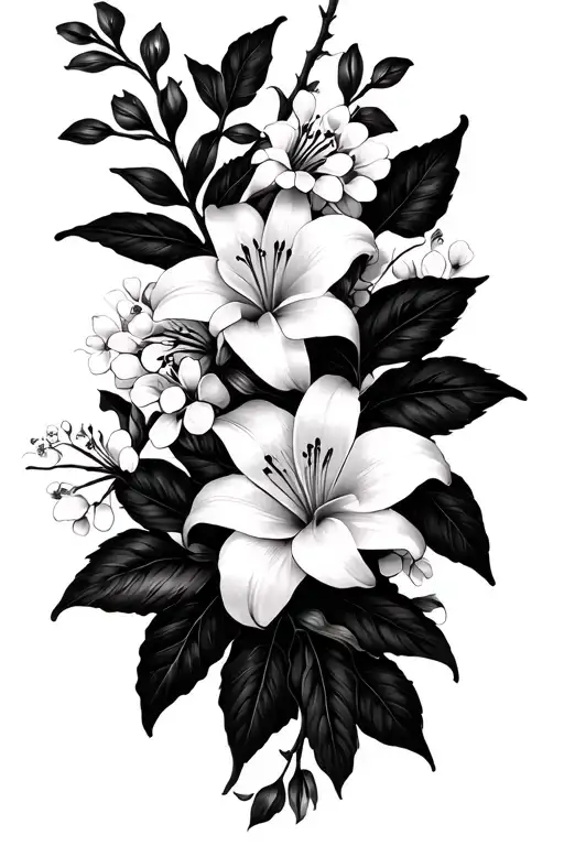 minimal arm vine sleeve with tiger lilys and mimosa flowers tattoo design idea