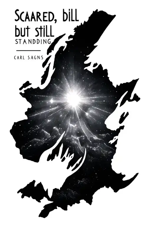 "Scarred, but still standing " Carl sagans pulsar map symbolizing and mountains panorama and heartbreak symbolism tattoo design idea