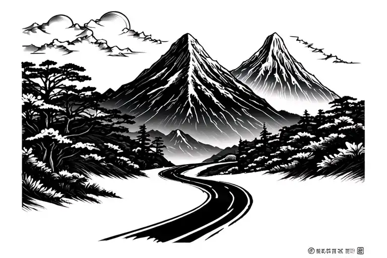 Road and Mountains and Japan tattoo design idea