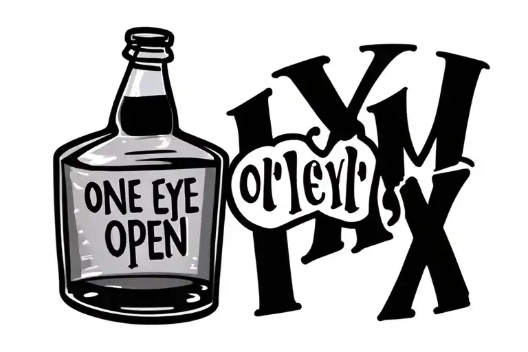 "one eye open" the words in a straight line in childish handwriting with a cartoon liqour bottle that says "xxx" tattoo design idea