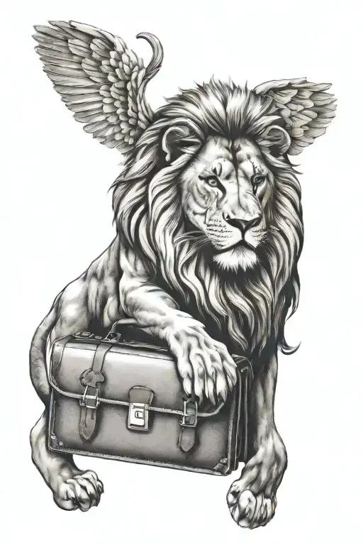 A minimalist tattoo of a lion holding a briefcase, symbolizing power and business success tattoo design idea