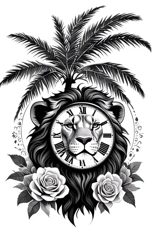 lion face , palm tree, travel, roses, analog clock tattoo design idea