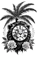 lion face , palm tree, travel, roses, analog clock tattoo design idea