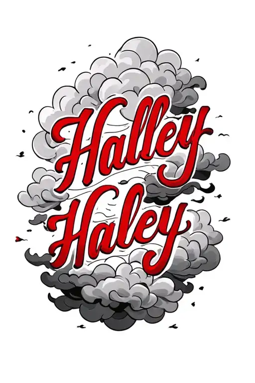 the name haley in cursive in red with clouds and shading surrounding it  tattoo design idea