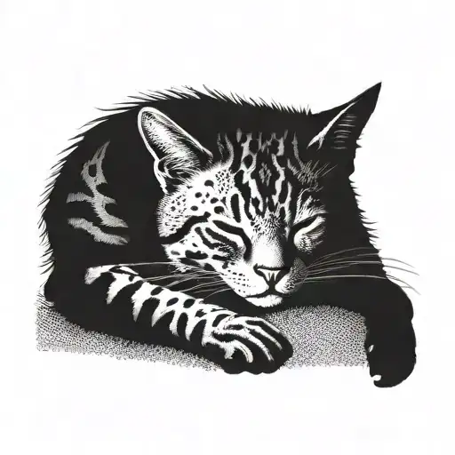 Tabby cat dot work sleeping cat tattoo design idea
