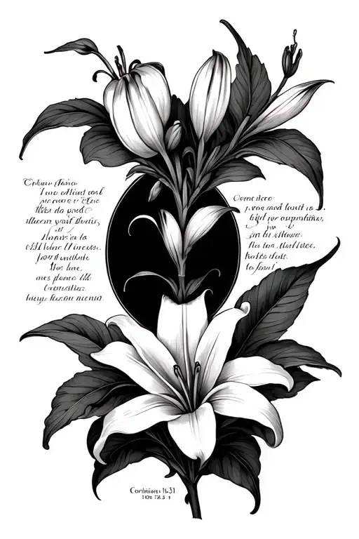 Madonna Lilly flower surrounding Corinthians 10:31 Bible Verse masculine tattoo design idea