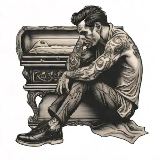 man sitting beside a casket crying tattoo design idea