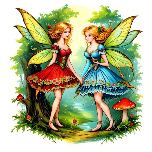 two fairies (red dress with strawberry blond hair, blue dress with blond) in a woodland scene with toadstools and trees tattoo design idea
