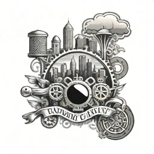 A city skyline with hidden elements of gangster symbols like brass knuckles and poker cards, showcasing the client's passion for hustling in their hometown of Bowling Green Ky tattoo design idea