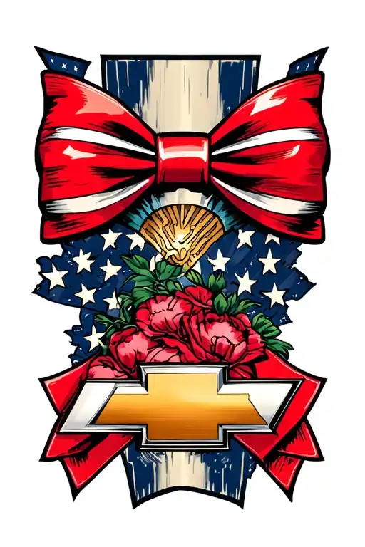 Tattoo design for inner forearm: the Chevrolet bowtie emblem sitting horizontally as the background, filled with a scen tattoo design idea