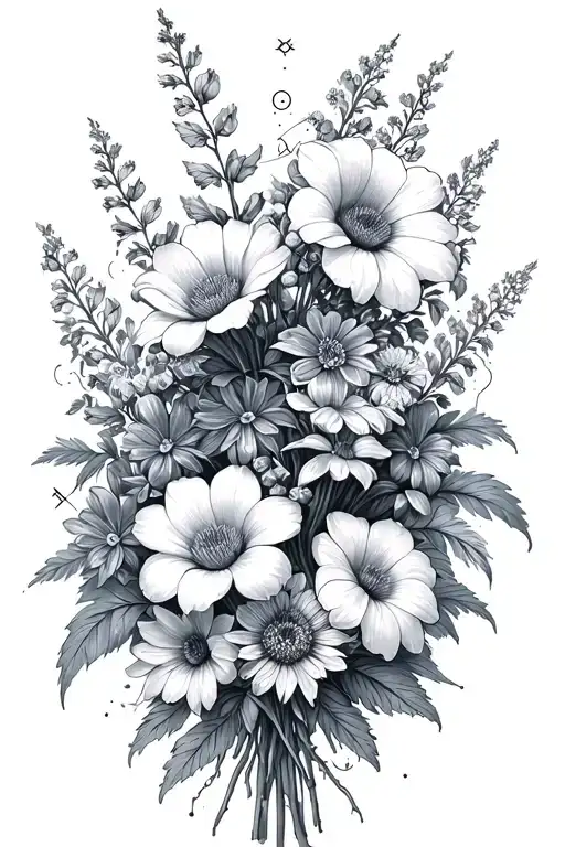 Leo and Virgo constellations, bouquet of asters, delphinium, water lilies and morning glory flowers tattoo design idea