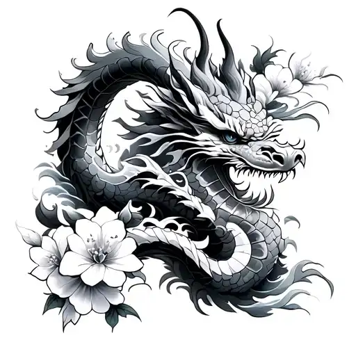 neo japanese dragon with waves and cheery blossom on forearm tattoo design idea
