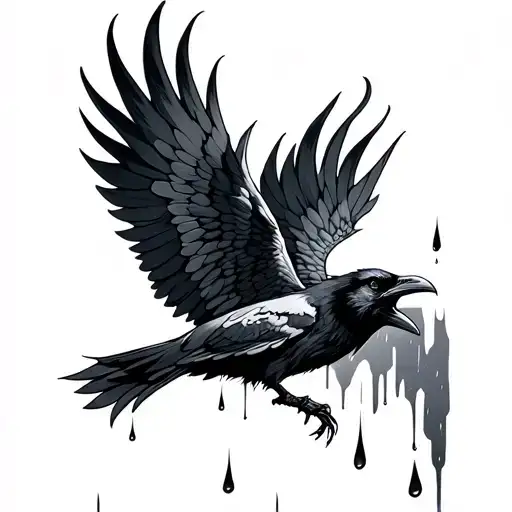 raven wings flying rain drops sun setting chest piece tattoo design idea