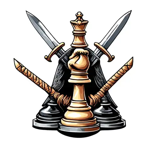 chess bishop with swords going though the head tattoo design idea