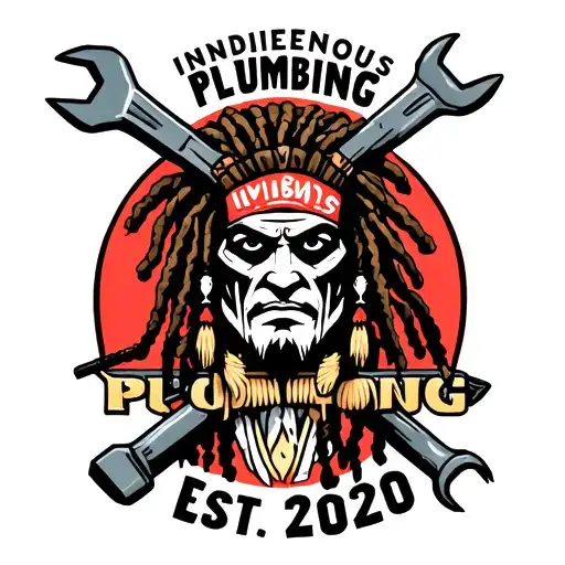 "Indigenous Plumbing Est. 2020" "Indigenous Plumbing Est. 2020" "Indigenous Plumbing Est. 2020" dreadlock face war painted Native American warrior holding wrench crossed tattoo design idea