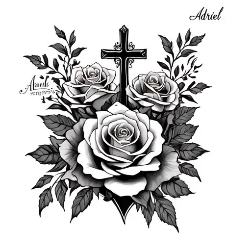 roses and cross surrounded and cursive name written adriel tattoo design idea