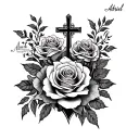 roses and cross surrounded and cursive name written adriel tattoo design idea