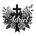roses and cross surrounded and cursive name written adriel tattoo design idea