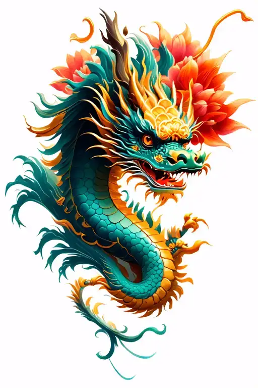 chinese dragon flying with flower blooming tattoo design idea