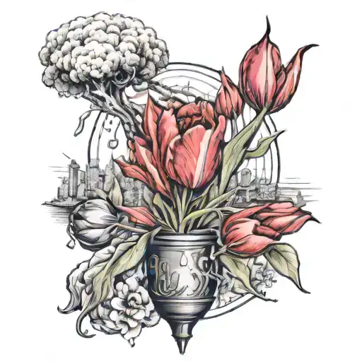 the phrase "we continue to plant tulips in the shadow of fallen atomic bombs" tattoo design idea