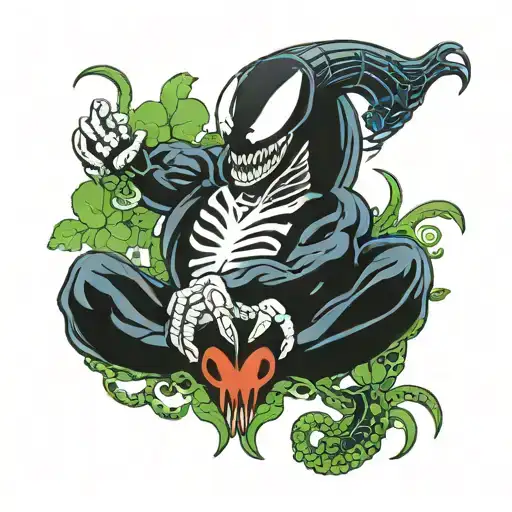 Venom mini with symbols of luck clover black 4 leaf in hands, symbiot, graphichs tattoo design idea