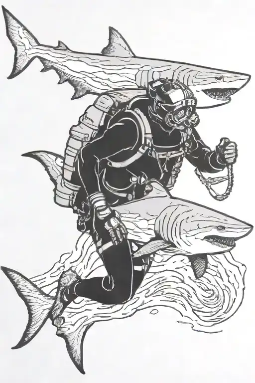 military scuba diver and shark tattoo design idea