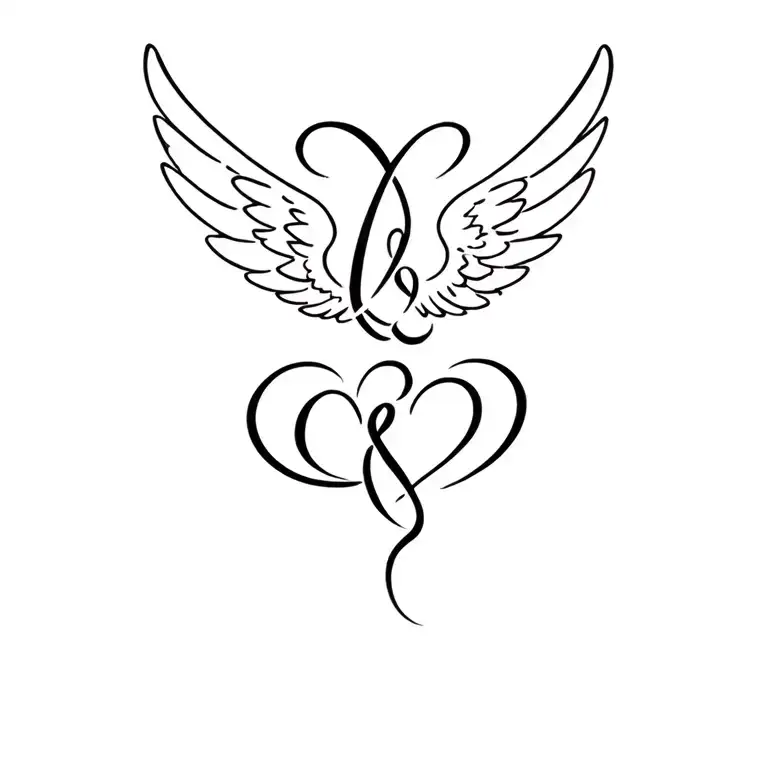 L & C intertwined with hearts and wings tattoo design idea