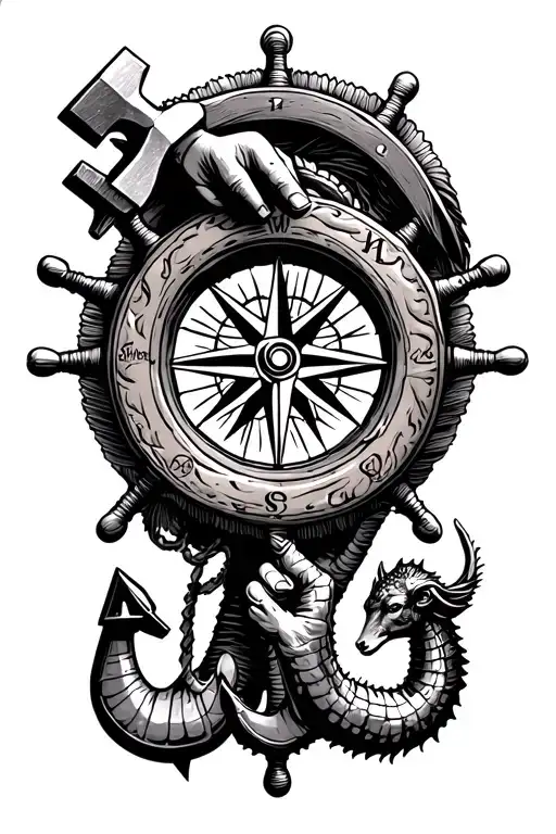 compass and ships wheel with a gantleted hand holding a hammer at North a seahorse at South an anchor at East and a ram tattoo design idea