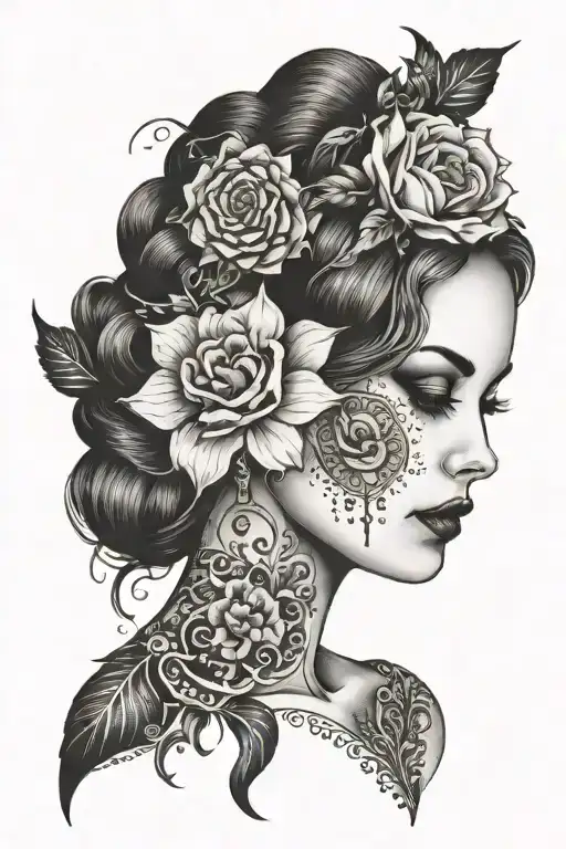 gothic girl floral lady head profile tattoo design idea