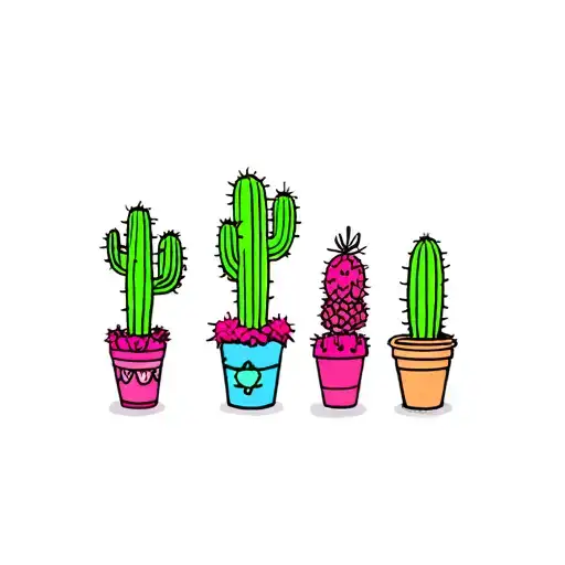 4 cacti representing 4 girls wearing rave outfits  tattoo design idea