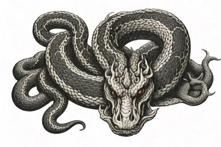 Black and white top of carpet snakes head face down normal real style at sternum with body in Chinese dragon style that  tattoo design idea