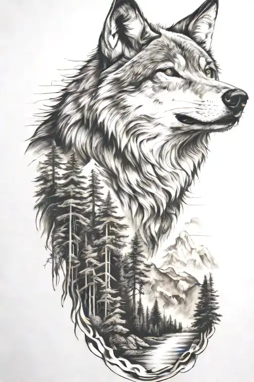wolf and  mountains and trees tattoo design idea
